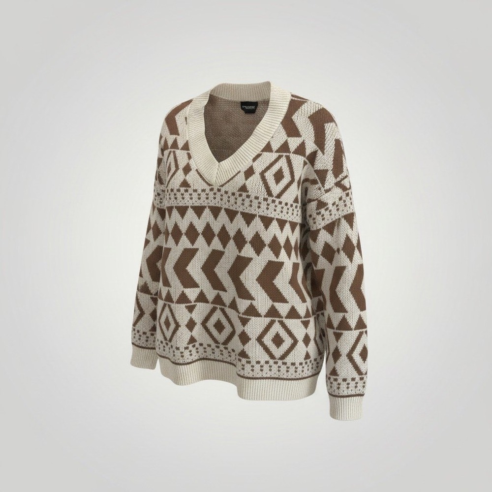Heimish V-Neck‎ Sweater Women Large Brown Aztec Boho Southwest Oversized Cozy
